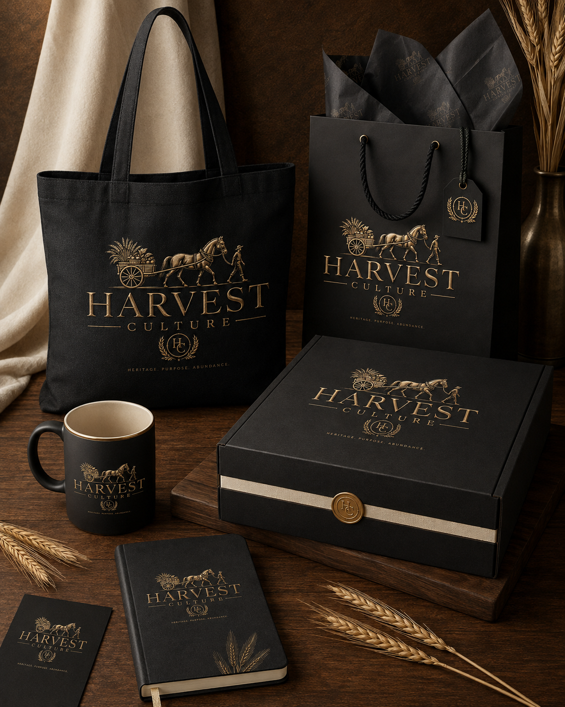 Harvest Culture gifting collection — tote, mug, gift box, and journal