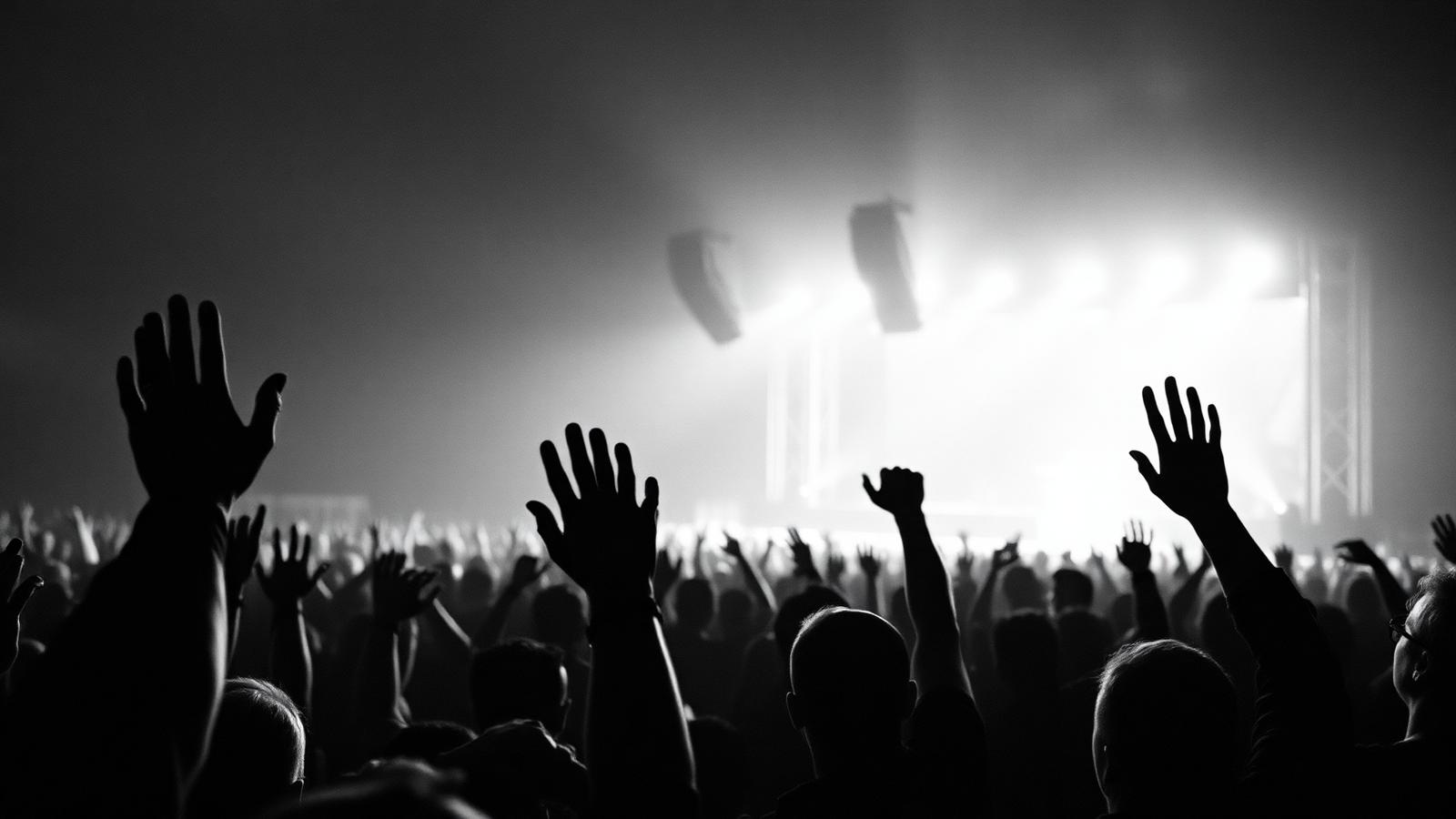 Crowd with hands raised at a night revival service